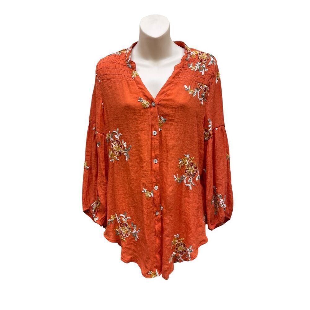 Fig & Flower Rust Orange Embroidered Boho Blouse Size Large